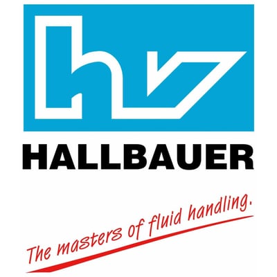 Hallbauer logo med blå baggrund og hvidt 'hz' symbol, samt sort tekst 'HALLBAUER' og slogan 'The masters of fluid handling'.