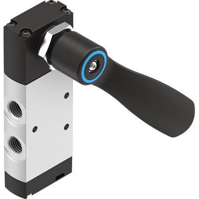 Festo håndtagsventil VHEF-HS-P53C-M-G14 med sort håndtag og blå detaljering, vist på hvid baggrund.