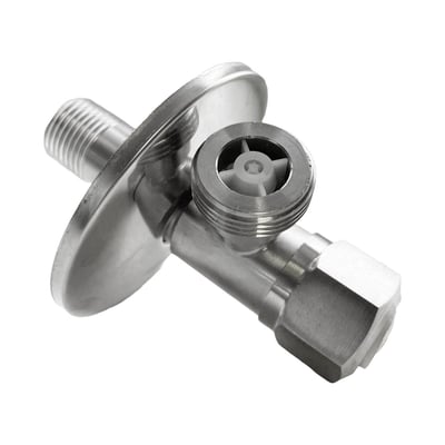 Rustfri stopventil med keramisk spindel og kontraventil, 1/2x3/4 tommer tilslutning på hvid baggrund.