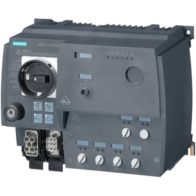 Siemens SIRIUS M200D softstarter med AS-i kommunikation, 0,9kW og 3x400V AC, viste enhed har drejekontakt og tilslutningsporte.