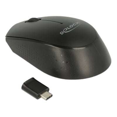 Sort DeLock optisk mini-mus med tre knapper set skråt fra siden og en lille USB Type-C-modtager ved siden af.