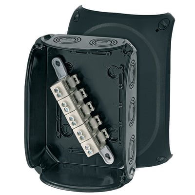 Hensel Kvik forgreningsdåse KF1610B, sort, med 5-polet klemme og åben låge, viser interne detaljer og kabelindføringer.