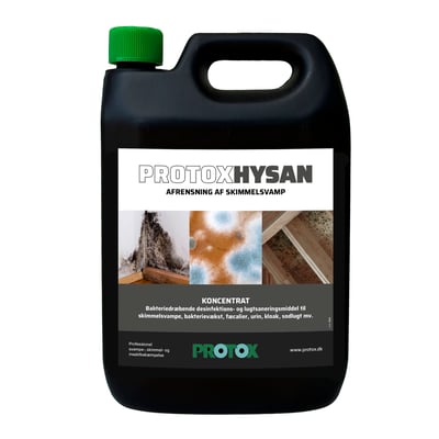 PROTOX HYSAN 2,5 liters koncentrat i sort dunk med grønt låg, mærket til skimmel- og lugtfjernelse.