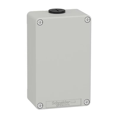 Schneider Electric trykknapkasse XAPD i grå metal, model uden huller, med synlig Schneider Electric logo.