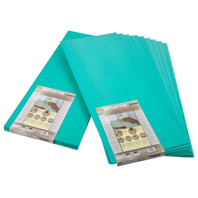 Heatcom Flxboard 3 mm isoleringsplader i turkisgrøn, 6 m2 pakke, stablet og klar til installation på hvid baggrund.