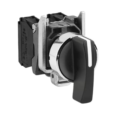 Schneider Electric XB4BJ53 drejeafbryder monteret, viser sort drejehåndtag og krombelagt frontring på Ø 22 mm hus.
