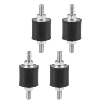 Fire vibrationsdæmpere i sort gummi med galvaniserede bolte og møtrikker, vist på hvid baggrund.