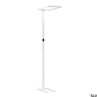 SLV WORKLIGHT gulvlampe, hvid model vist fra en vinkel der fremhæver dens slanke design og firkantede lyskilde.