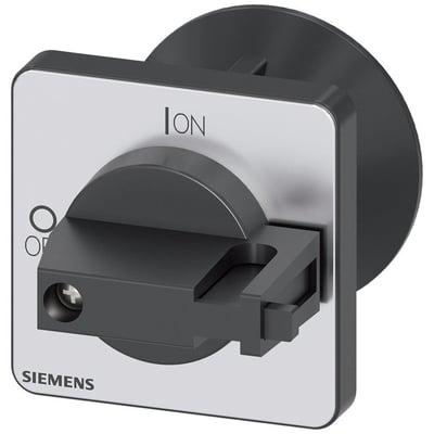 Siemens vælgerkontakt sort 48x48 mm til frontplademontering med "ON" og "O" symboler tydeligt markeret.