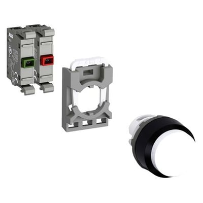 ABB trykknap komponenter: en grå monteringsramme, en grøn/rød kontaktblok og en hvid/sort trykknap med en sort kant.