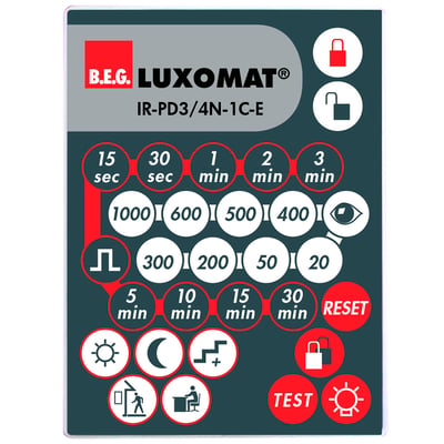 B.E.G. LUXOMAT IR-PD3/4N-1C-E fjernbetjening set forfra med røde og hvide knapper til indstilling af bevægelsessensorer.
