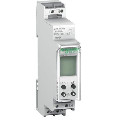 Schneider Electric digital timer IHP, 230V, 1C, 18mm modulstørrelse med tydelig LCD-skærm og knapper til betjening.