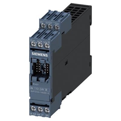 Siemens Simocode digitalmodul med 4DI/2RE, 110-240VAC/DC, vist fra en let skrå vinkel med fokus på terminaler og mærkning.