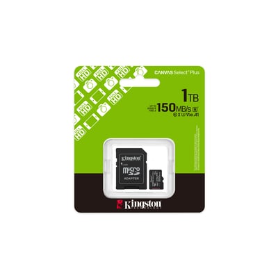 Kingston Canvas Select Plus G3 microSDXC-kort på 1 TB med adapter ses i grøn emballage med kapacitets- og hastighedsmærker.