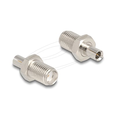 DeLock-adapter med SMA-jack og TS9-stik i sølvfarvet udførelse, vist fra to vinkler med begge tilslutninger synlige.