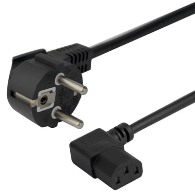 Deltaco strømkabel med 1,5 meter sort kabel, et CEE 7/7 stik og et vinklet C13 stik.