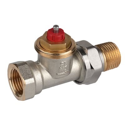 Honeywell Home V2020FX ventilhus til fremløb, ligeløbende, 1/2'' i forniklet messing med rød justeringsknap.