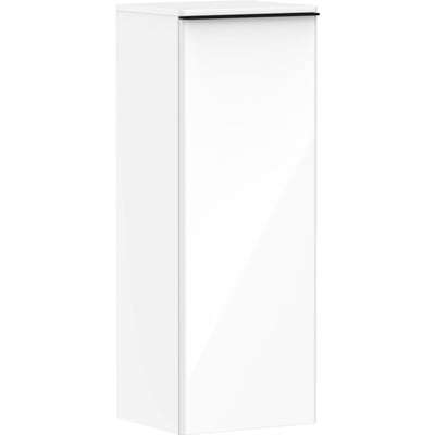 Frontbillede af Hansgrohe Xelu Q halvhøjskab i hvid højglans, der viser skabets slanke design med et integreret greb.