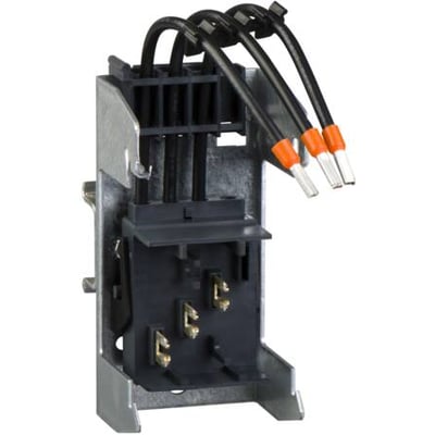 Schneider Electric strømaftager 3F 25A, K5PA231, berøringsbeskyttet 4-polet samleskinne med tre sorte kabler og orange endestykker.