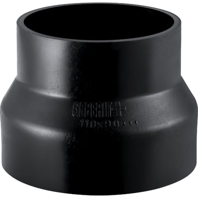 Geberit centrisk reduktion 63 x 50 mm i sort PEH materiale, med synligt mærke og dimensioner trykt på siden.