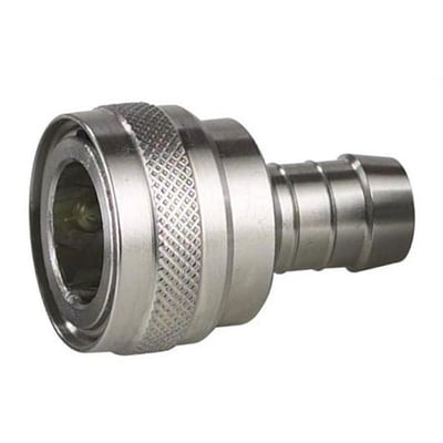 Nito koblingshus i rustfrit stål med 1/2" slangespids og grebsmønster, monteret på hvid baggrund.