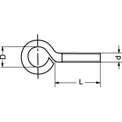 Teknisk tegning af M8x80 RFA2 øjeskrue i rustfrit stål med dimensioner D, L og p angivet.