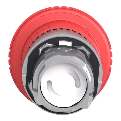 Nærbillede af Schneider nødstop: Rød tryk-drej knap set fra undersiden, viser monteringsmekanismen.