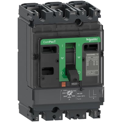 Detaljeret frontvisning af Schneider Electric ComPacT NSX250H maksimalafbryder, der viser mærkat med specifikationer og grøn betjeningsgreb.