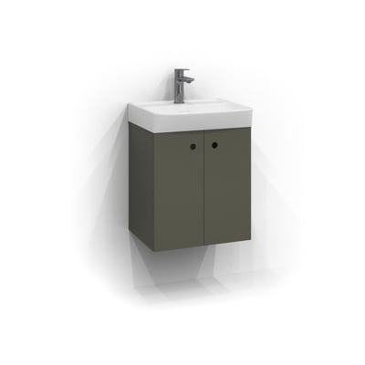 Svedbergs Intro underskab i salvie mat med to låger og integrerede greb, 45x35 cm, monteret på en væg med skygge.