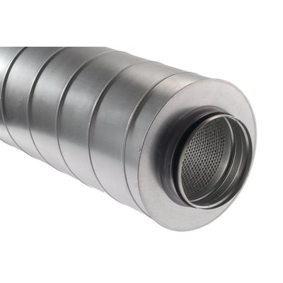 Ventilationslyddæmper SAR i galvaniseret stål med 125mm diameter og 300mm længde, vist på hvid baggrund.