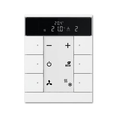 ABB KNX SBR/U6.0.1-84 ClimaEco sensor med 3/6 trykfunktioner og digitalt display viser 20.4 grader.