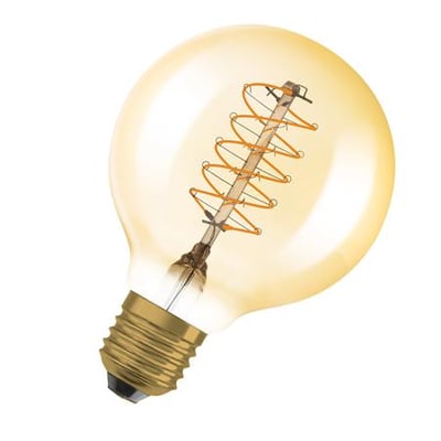 Nærbillede af Ledvance 1906 Globe 80 amberfarvet LED-pære med E27 fatning og synlige spiral filamenter.