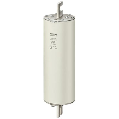 Siemens SITOR sikring NH3, 630A, aR, 2500V AC med slidsede bladkontakter og frontindikator på neutral baggrund.