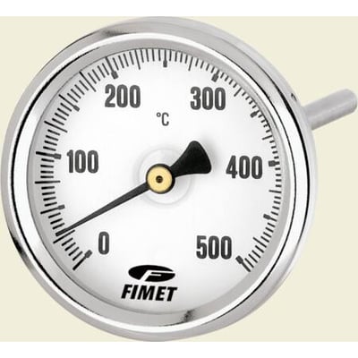 Røggastermometer med hvid urskive og sort visker, måler fra 0-500°C. Synlig FIMET logo.