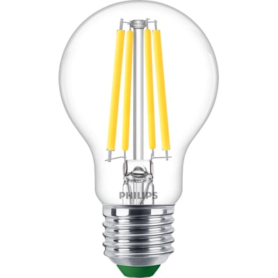 Philips Ultra Efficient LED pære med E27 fatning, klar glas og fire synlige filamenter for 840 lm neutralt hvidt lys.