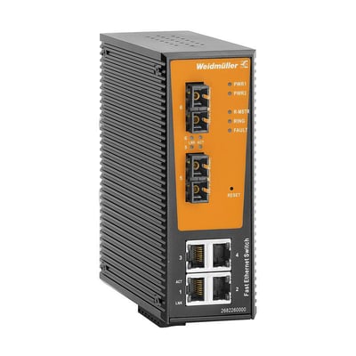 Weidmüller IE-SW-AL06LM-4TX-2SCS industriel managed switch med orange front, fire RJ45-porte og to fiberporte.