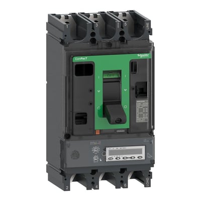 Schneider Electric ComPacT NSX630HB2 3-polet maksimalafbryder set skråt forfra, fremviser betjeningshåndtag og tekniske data.