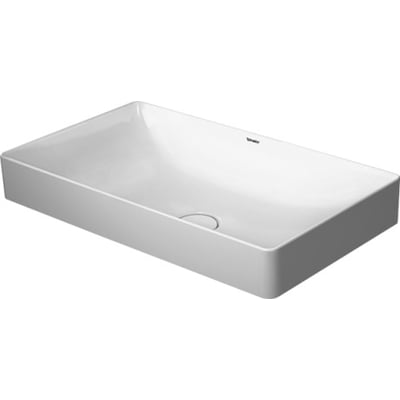 Duravit firkantet bordstående vask i hvid porcelæn, måler 600 x 345 mm, uden hanehul og overløb, vist på hvid baggrund.