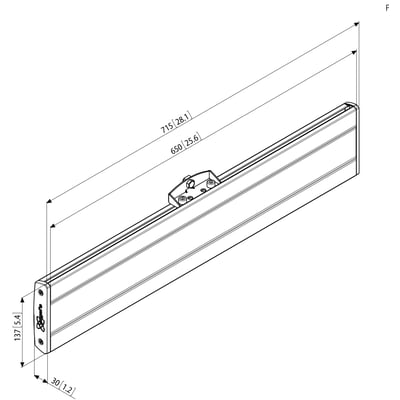 Teknisk tegning af Vogels PFB 3407 Interface Bar, 715 mm lang, sort med angivne dimensioner i millimeter og tommer.