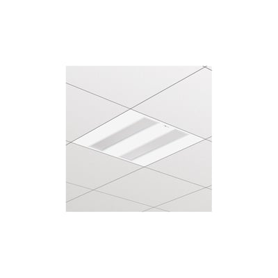 Philips FlexBlend RC340B 600x600 mm indbygningsarmatur monteret i et hvidt akustikloft med lysstriber for blændfrit lys.