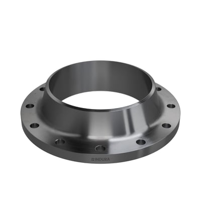 3D-rendering af Indura 12" svejsehalsflange med 150 lbs RF trykstyrke, viser ren metaloverflade og præcise dimensioner.