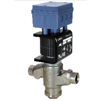 Siemens MVS661.25-6.3N 2-vejs kølemiddelventil med blå styreboks og sort hus, PN63, DN25, med loddetilslutninger.