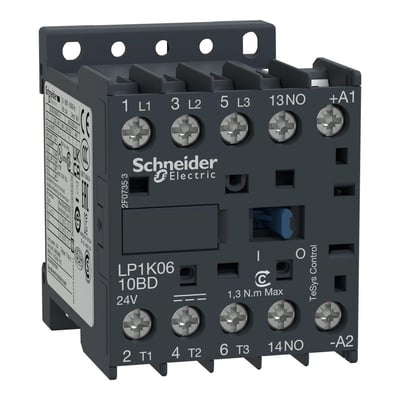Schneider Electric TeSys K kontaktor 6A, 3-polet med 1NO hjælpekontakt og 12VDC spole, vist på neutral baggrund.