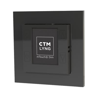 mTouch Dim-R lysdæmper i blank sort plast med LCD-display og touch-knapper, vist på hvid baggrund.