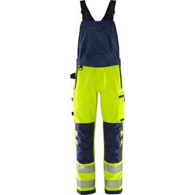 Kansas Fristads Green Hi-Vis overalls i gul/marine, str. C56, med synlige lommer, stretchpaneler og reflekser.