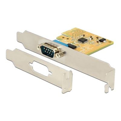 DeLock PCI Express-kort med én seriel RS-232-port og DB9-hanstik samt standard- og low-profile-beslag.