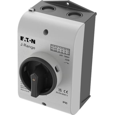 Eaton J-Range reparationsafbryder i sort-grå IP65, 32A, 3P med aflåseligt sort håndtag og tydelige mærkeskilte.