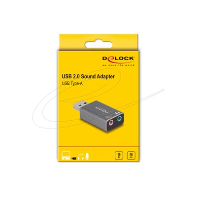 Emballagen viser DeLock eksternt USB-lydkort med USB-A-stik og to farvede 3,5 mm stereojack.