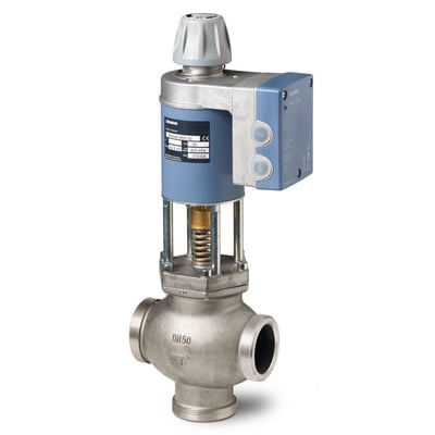 Siemens MXG462S50-30 magnetisk reguleringsventil i rustfrit stål med DN50 og udvendigt gevind, PN16 og kvs 30, hvid baggrund.