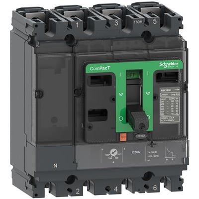 Schneider Electric ComPacT NSX125F DC PV maksimalafbryder, 4-polet, 125A, designet til solcelleinstallationer med klar betjeningshåndtag og mærkater.